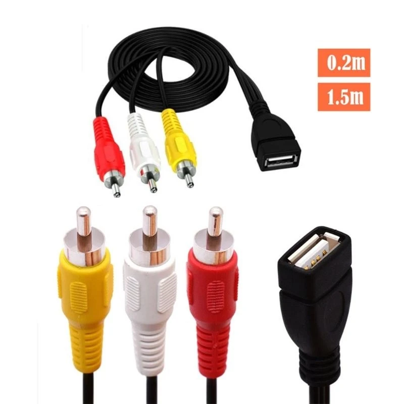 

0,2 м 1,5 м USB A «мама» на 3 кабеля RCA, провод для ПК, ТВ, Aux, аудио-видео адаптер, преобразователь USB-кабеля RCA