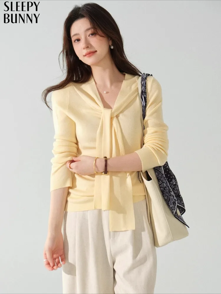 Elegant Knit Top Women Autumn V Neck Tie Design Pullover Fit Long Sleeve Sweater Chic Casual Outfit Fashion Inner Layer Clothing