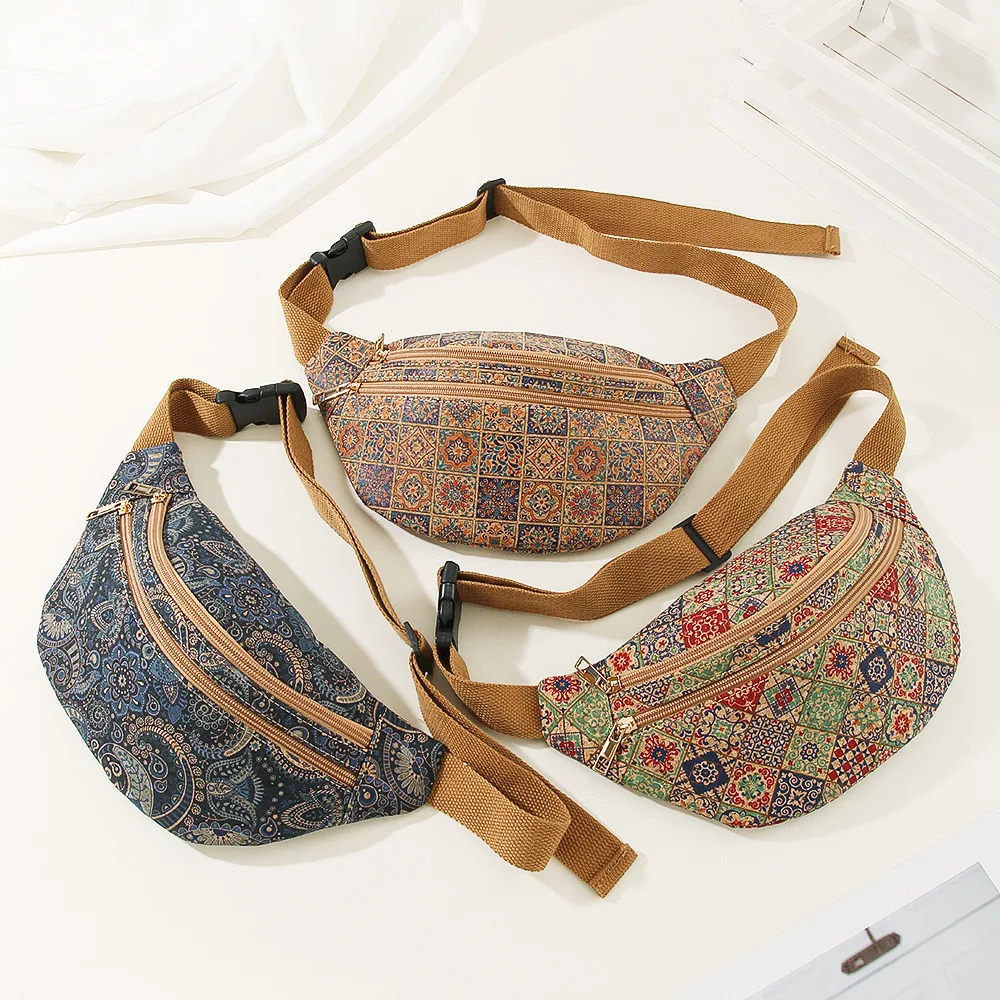

6 шт. поясные сумки из пробковой кожи с геометрическим принтом в стиле ретро, многофункциональная спортивная сумка через плечо в форме подушки, 3 цвета