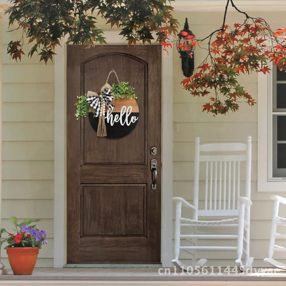 

3D деревянная дверная пластина, круглая приветственная венок, украшение, черный, коричневый, двухцветный, в стиле фермерского дома, подвесной аксессуар для дома и улицы