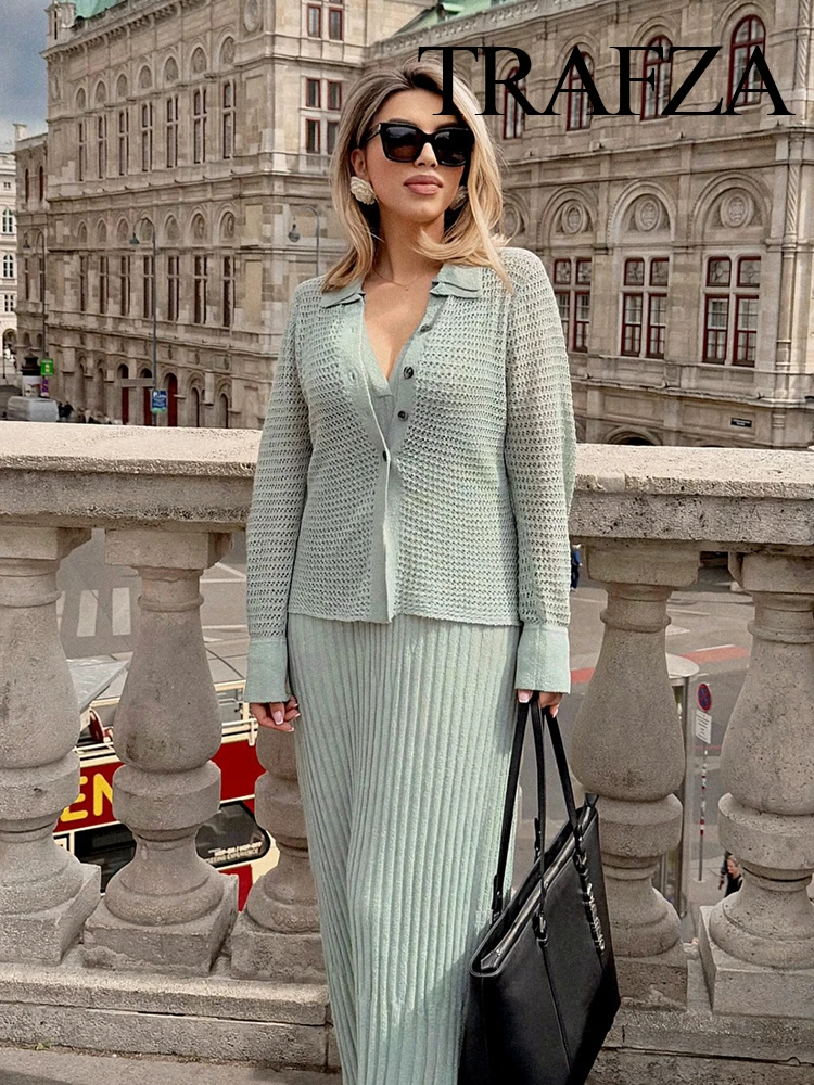 

TRAFZA Women's New Summer Fashion Slim Slicing Cut Polo Shirt Collar Sweater Female Elegant Hollow Out Long Sleeve Cardigan Top