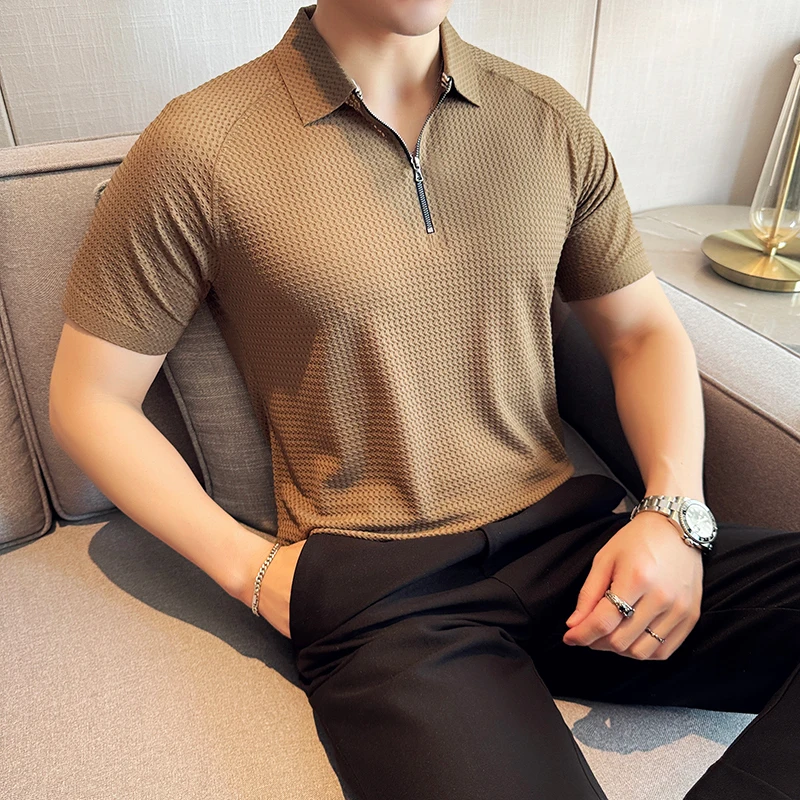 

Summer Ice Silk Traceless Men's POLO Shirts Trend Half Zipper Waffler Breathable Casual Lapel T-shirt Social Office Men Clothing