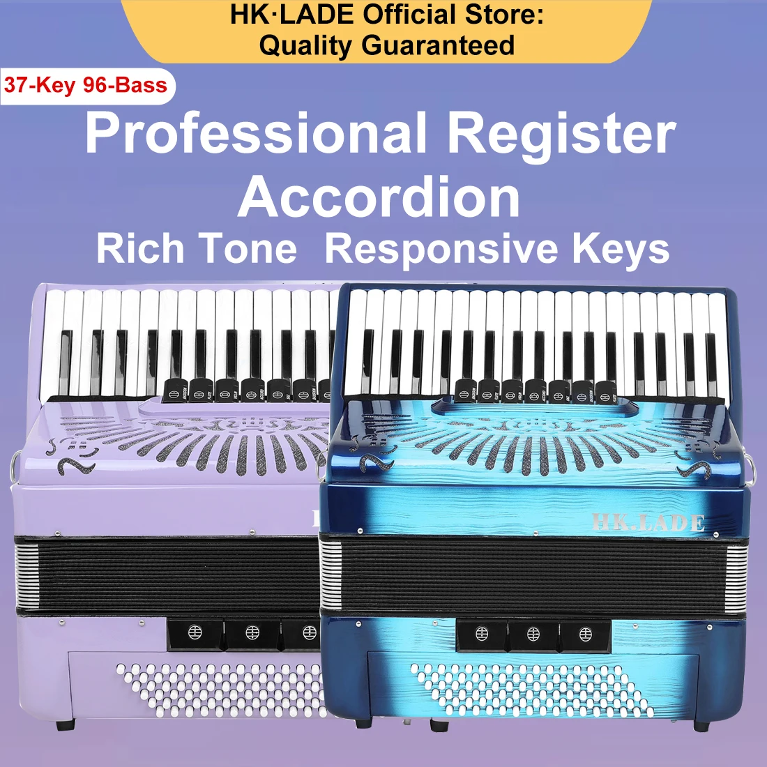 HK·LADE AH-280/90 Chromatic Accordion 37 Keys 96 Bass Keyboard Voice Changing Bayan Accordion Performance Keyboard Instrument