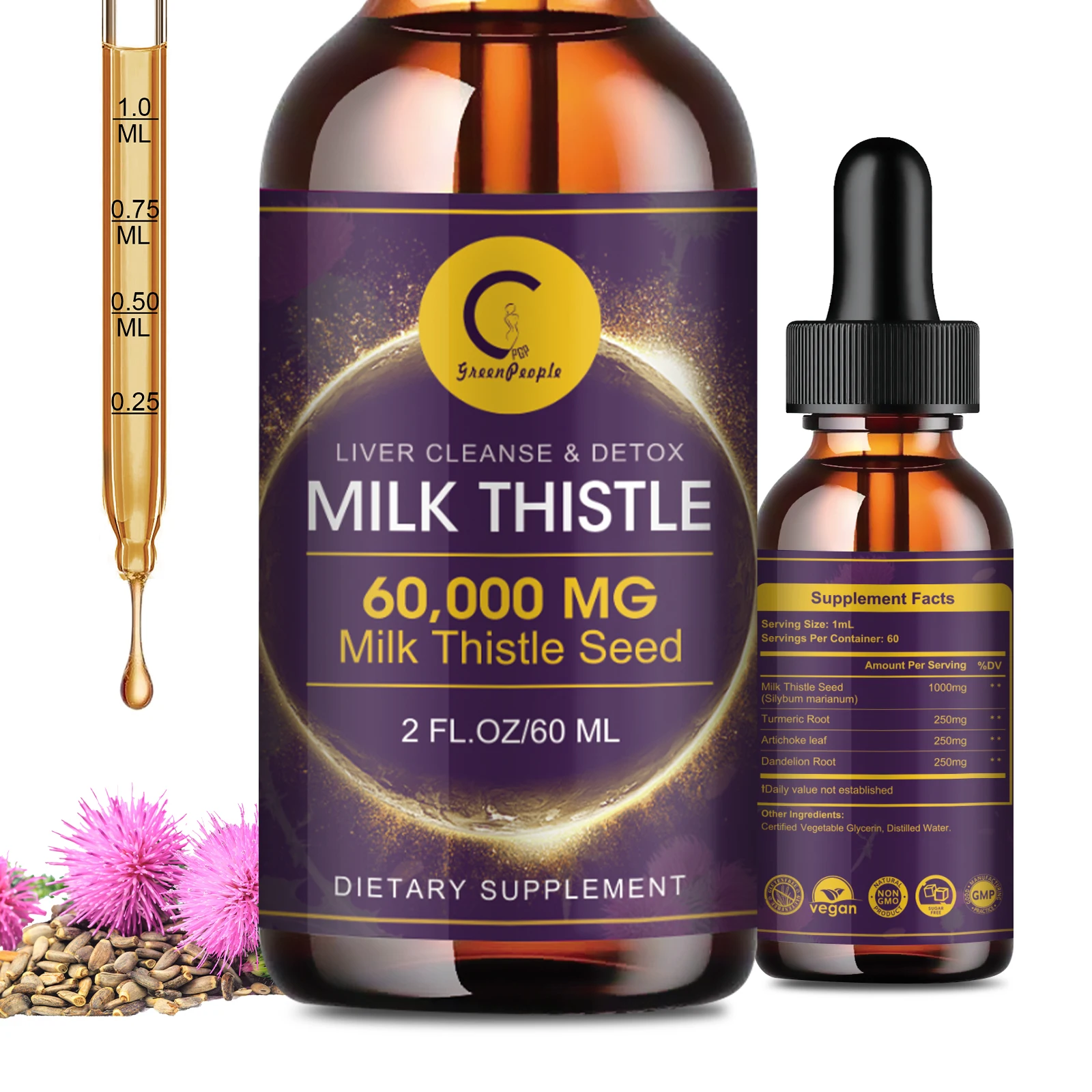 

GPGP Greenpeople 60ML Milk Thistle Extract Drops for Liver Cleanse Detox & Repair with Dandelion Root, Artichoke and Turmeric