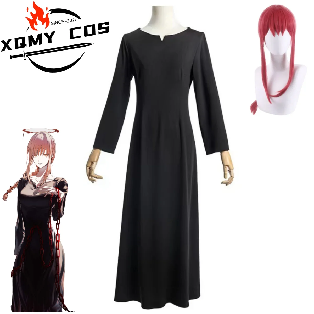 

XqAnime Chainsaw Man Makima Косплей Костюм Черное платье с длинными рукавами Парик для взрослых женщин Сексуальный повседневный костюм для отдыха и вечеринки