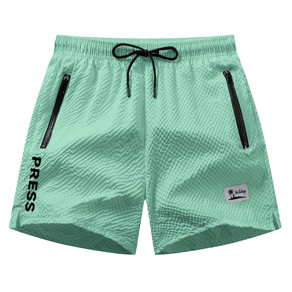 Men's Drawstring Zipper Pocket Sports Shorts Bubble Texture Quick Dry Breathable Beachwear Casual Vacation Printed Swim Trunks