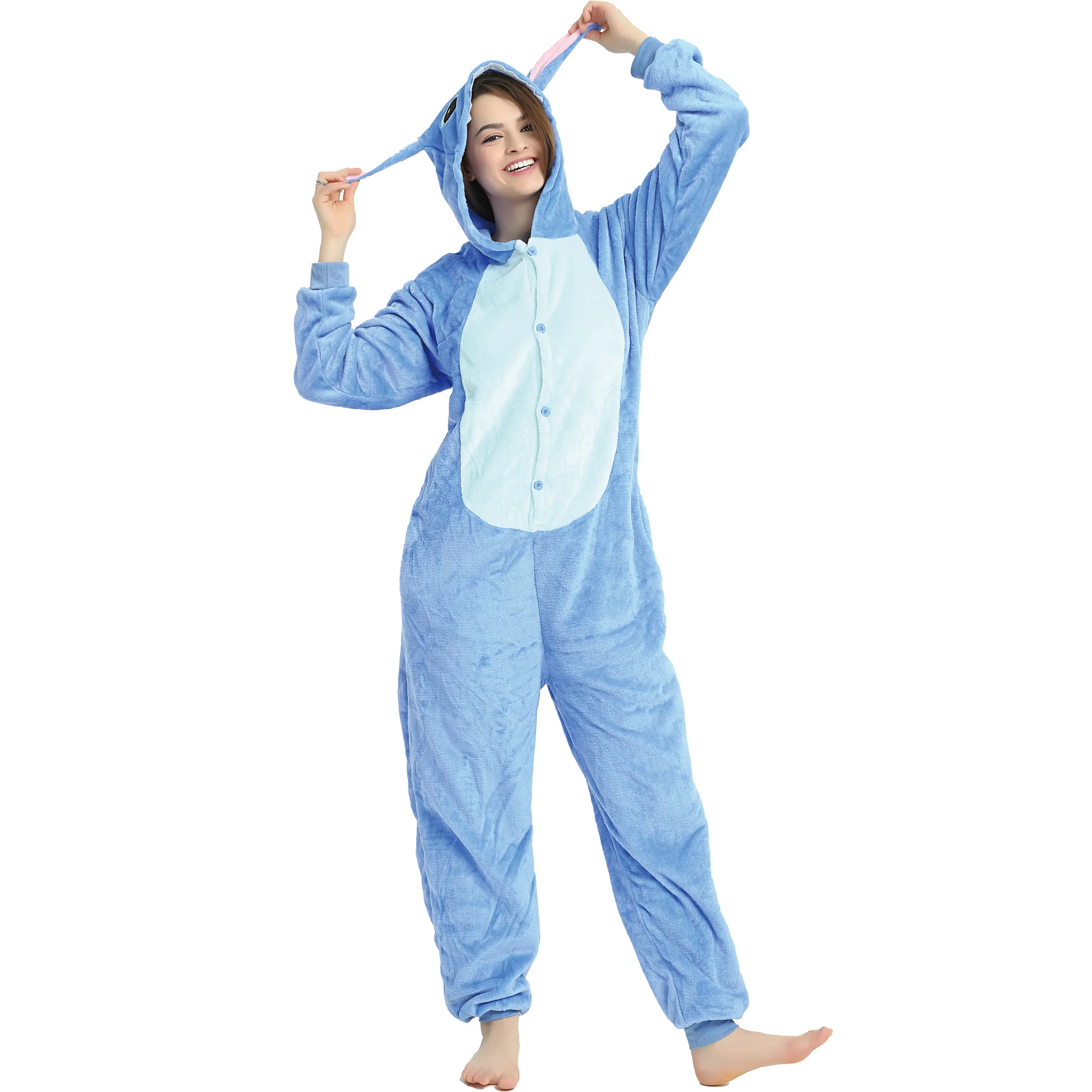 Dorośli Stich Cosplay piżama Anime Stitch Onesies kostium kombinezon piżama z kapturem bielizna nocna Halloween jednoczęściowy do wykonywania