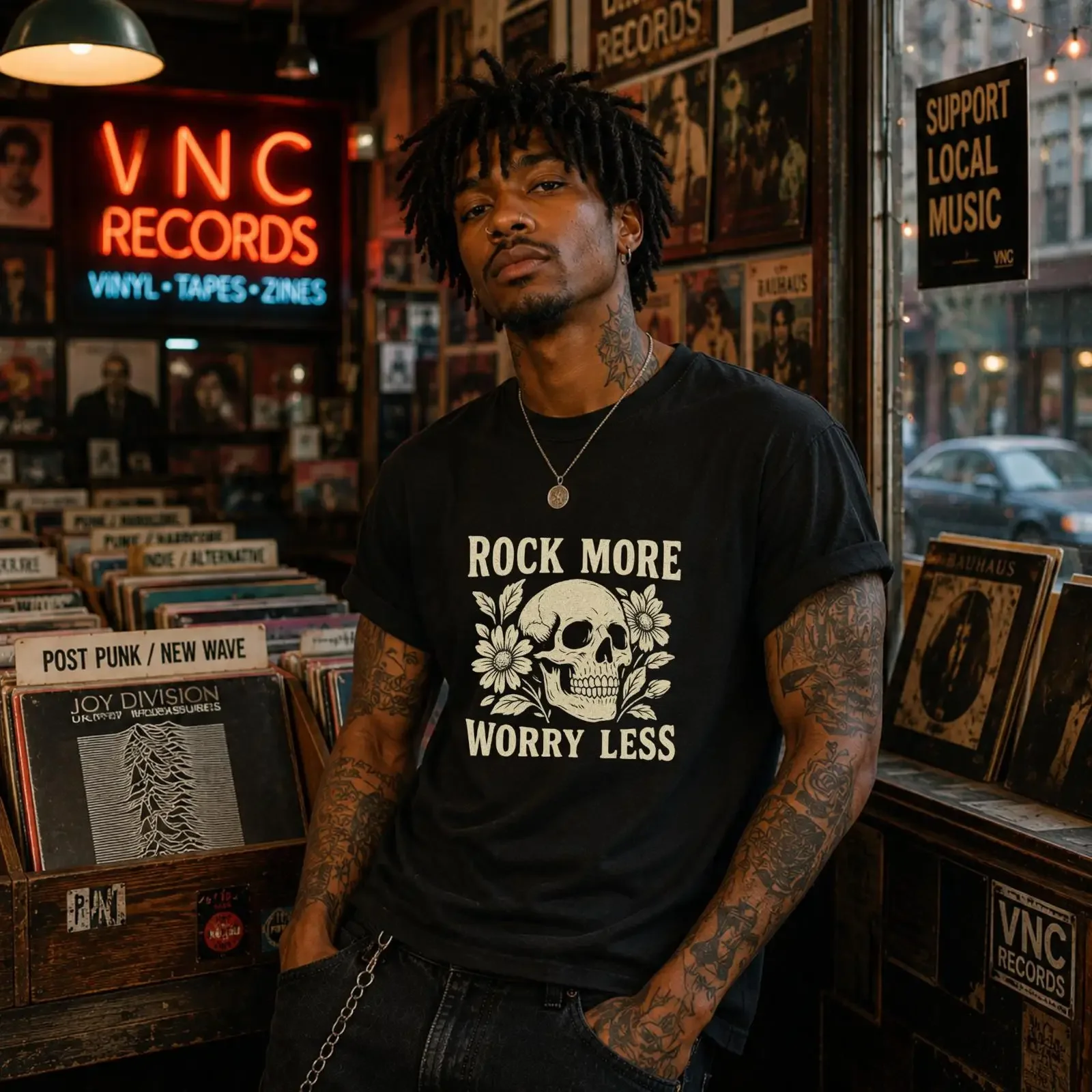 Grunge Skull Flowers T Shirt Rock More Worry Less Music Fan  vintage Washed Versatile designer clothes Breathable Unisex