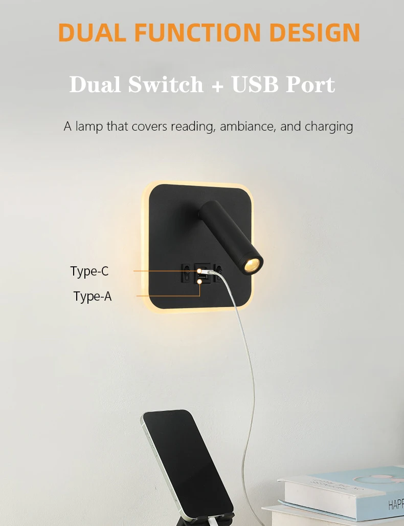 Contemporary Multifunctional LED Wall Sconce with Switch Modern Adjustable Reading Lamp USB Charging Ports for Bedrooms Offices