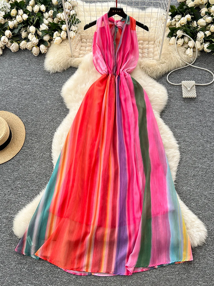 

Women Summer Dress Small Niche Deep V-neck Halter Strap Sleeveless Colorful Striped Waist Cinching Backless Long Vestidos DS108