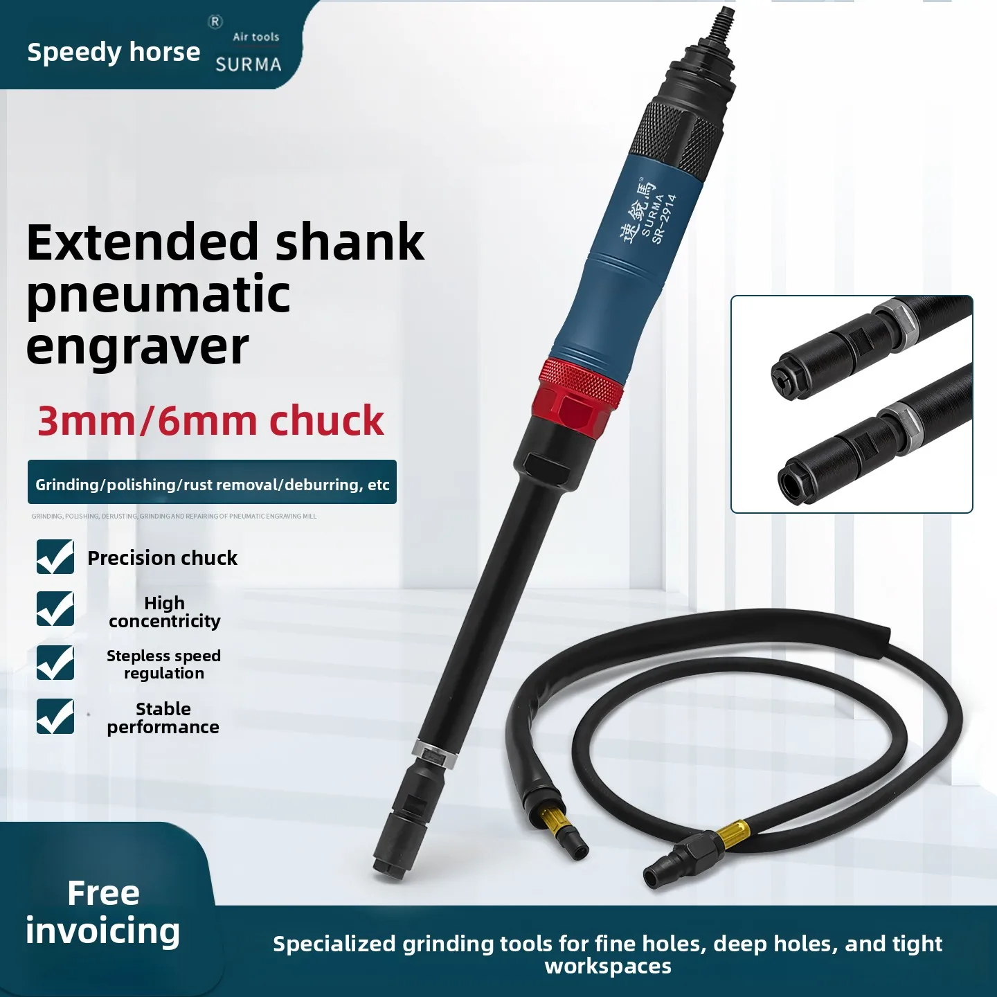 Pneumatic Extended Grinding Machine Air Grinding Pen Sr2914 Straight Handle Deep Hole Rotary File Polishing Engraving Grinding Wheel Machine