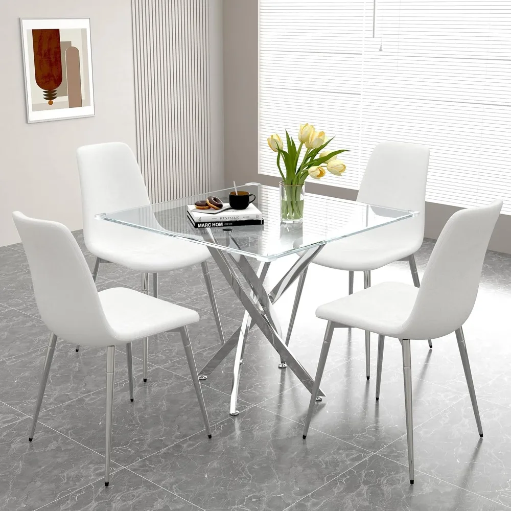 

5-Piece Glass Dining Table Set, Modern Square Silver Dining Room Set with Tempered Glass Kitchen Table and 4 White Upholstered