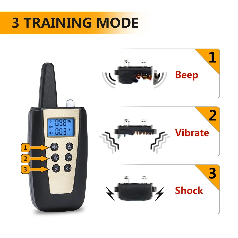 

Hot sales Gold Rechargeable Waterproof Electronic Static Shock Vibrate 1000m Remote Control Pet Dog Training Collar