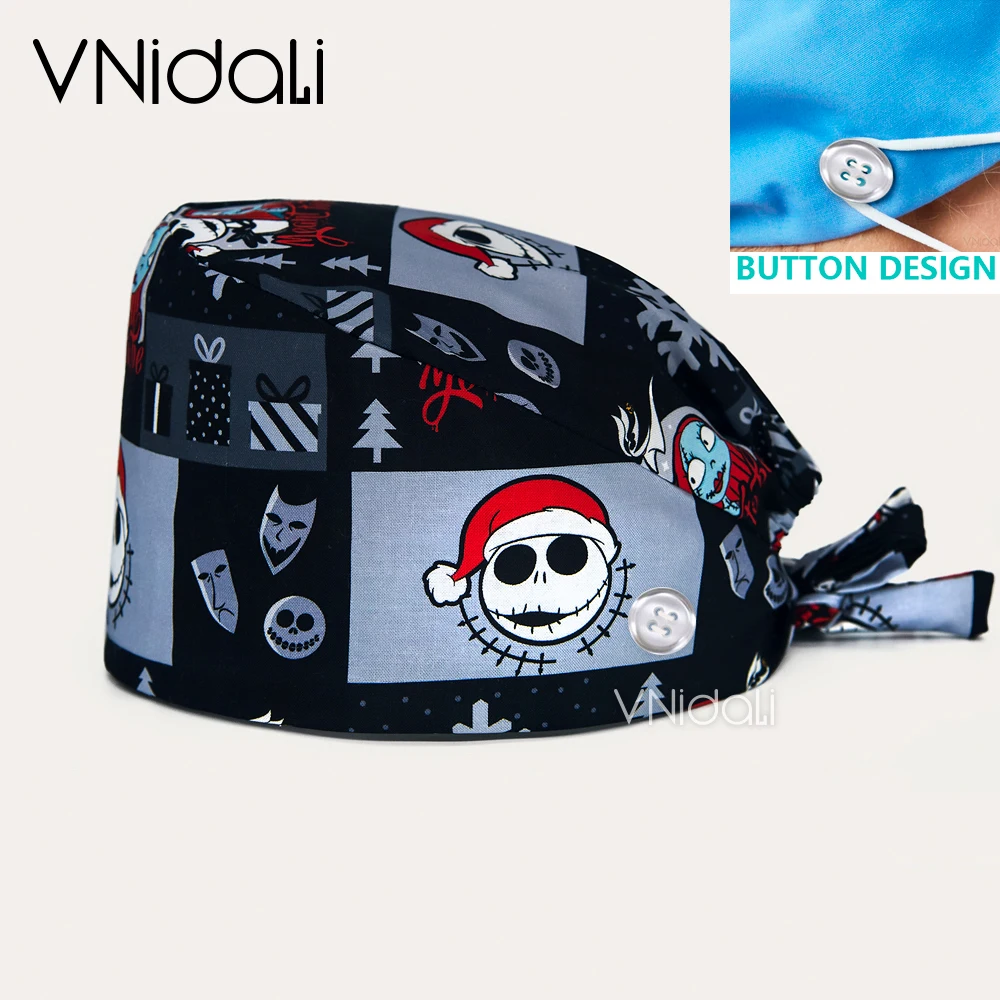 Natale scheletro stampa regolabile Scrub Cap Cap chirurgico donna e uomo veterinario Pet Shop Scrub cappello dentista berretto da lavoro