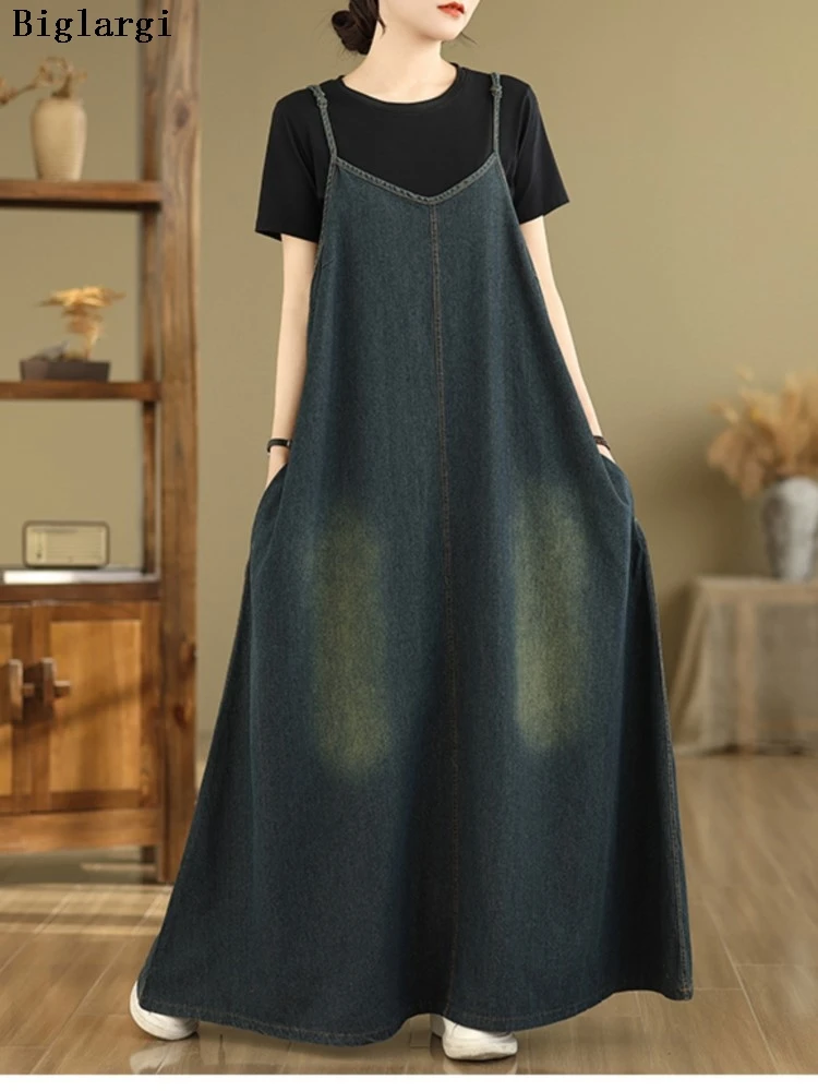 

Oversized Denim Sleeveless Slip Summer Dress Women Retro Fashion Ruffle Loose Ladies Long Dresses A-Line Woman Dress