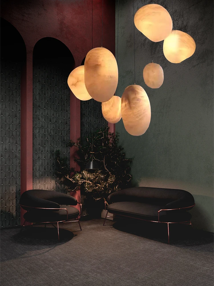 Real Natural Marble Stone  Modern Ceiling Chandelier Hanging Lighting Fixture Luxury Copper Home Decor Hall Lampara De Techo