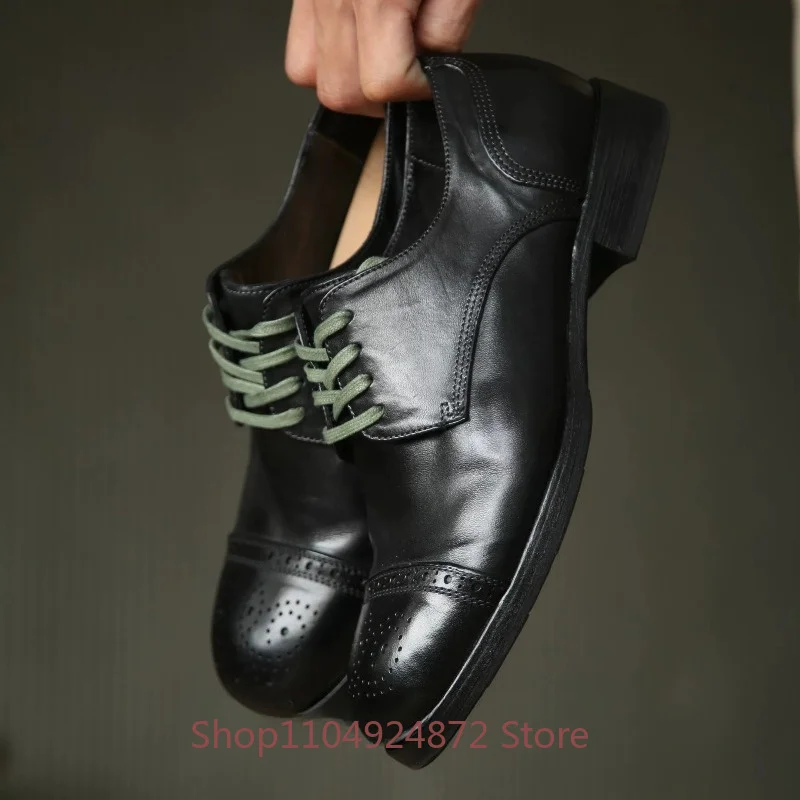 British Style Washed Genuine Leather Derby Shoes Men's Handmade Lace‑up Casual Dress Work Low‑top Walking Leather Shoes Male