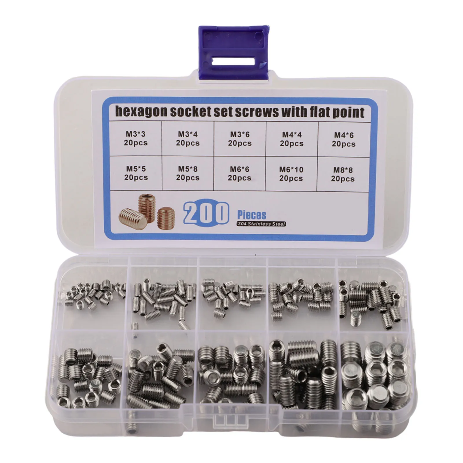 200Pcs Metric Stainless Steel Socket Head Set Screws Assortment Kit, 304 SS Hex Cup Point Grub Screws For Furniture Cabinet Door