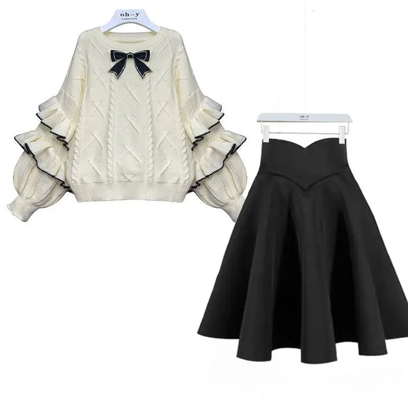 Spring and Autumn Season Set Women's Korean Edition New Slimming Lantern Sleeves Knitted Sweater Half Skirt Two Piece Set