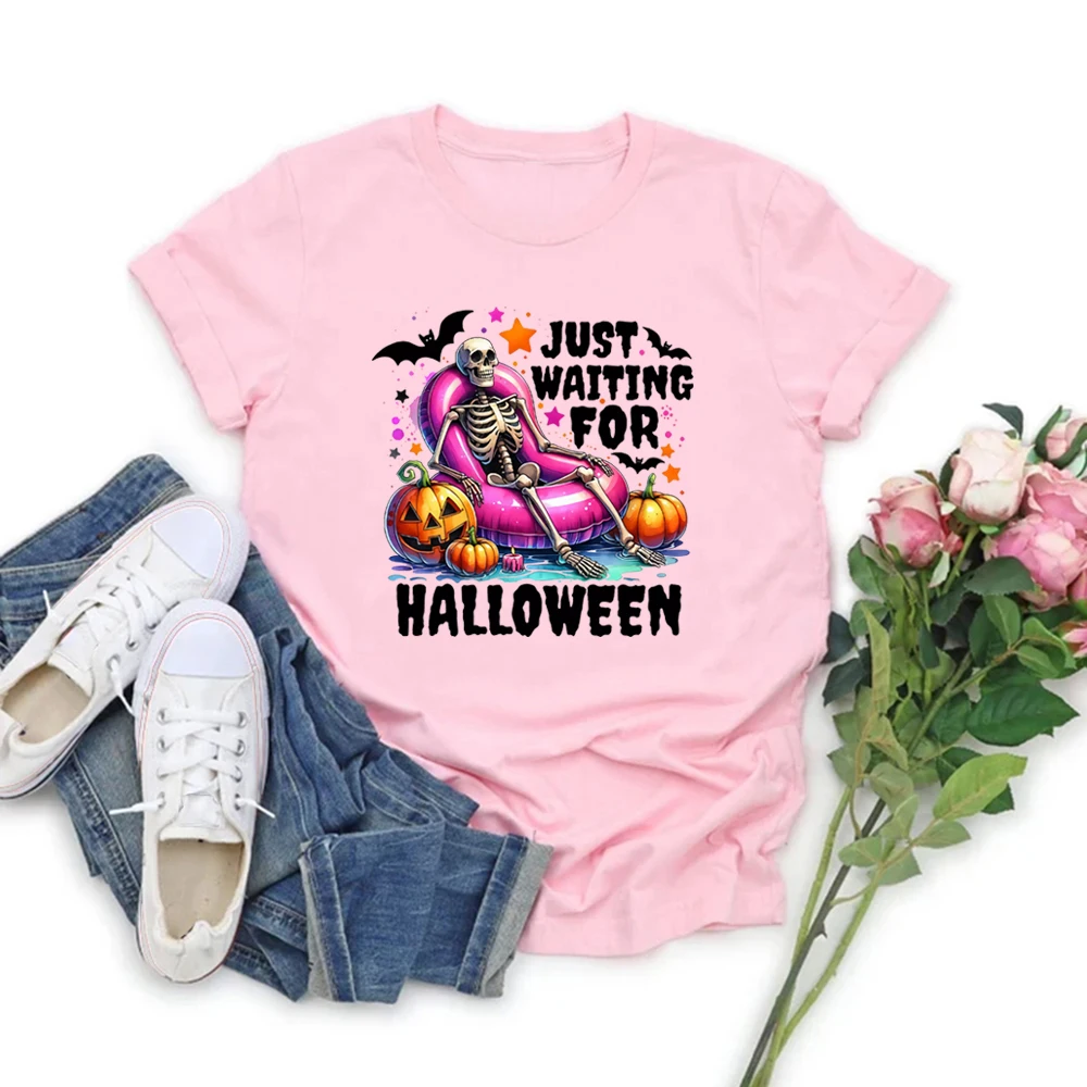 Just Waiting for Halloween Graphic T Shirts Cute Spooky Summer Halloween T Shirt Funny Skeleton Tshirt Short Sleeve Retro Tees