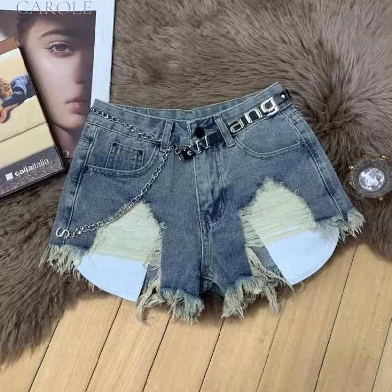 Spice Girl Denim Shorts Women Summer High Waist Retro Irregular Holes Fringed Hot Pants