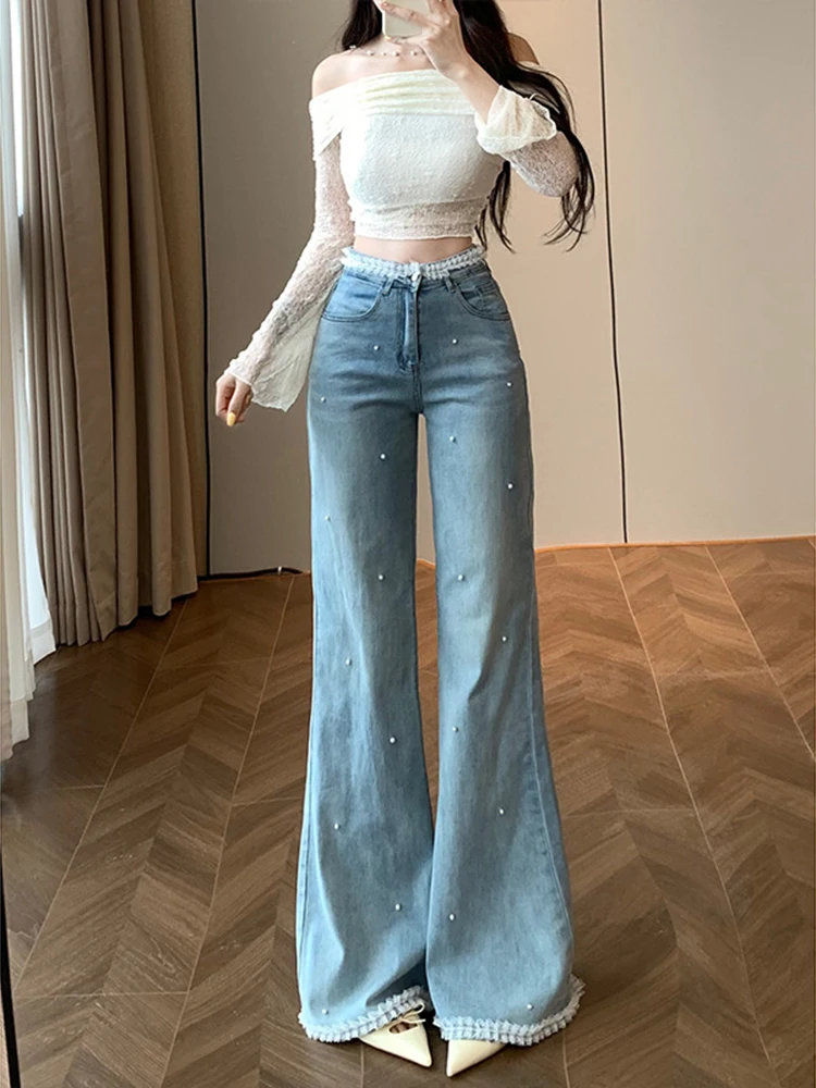 

Women's Long Trousers Fashion Spring and Summer New Design Sense Pearl Slimming Loose Casual Baggy Jeans Straight-Leg Pants