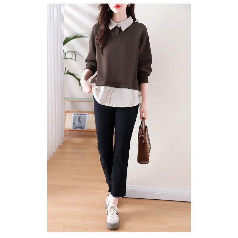 Mode Neue Stil Slim Fit Gefälschte Zwei Stück frauen Pullover Sweatshirt Frühling Herbst Farbe Block Patchwork Casual Vielseitig Top