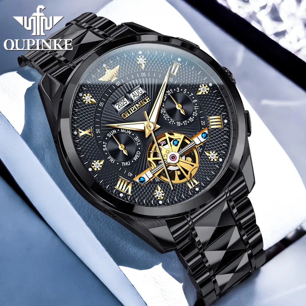 ساعات رجالية من OUPINKE من أفضل العلامات التجارية الفاخرة من الفولاذ التنغستن الأصلي ساعة ميكانيكية أوتوماتيكية للرجال حركة دولاب الموازنة مقاومة للماء #2