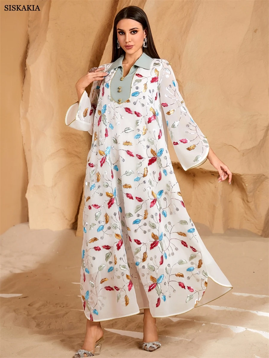 Siskakia nueva moda vestidos largos con bordado Floral manga de malla Kaftan Abaya Femme Musulmane