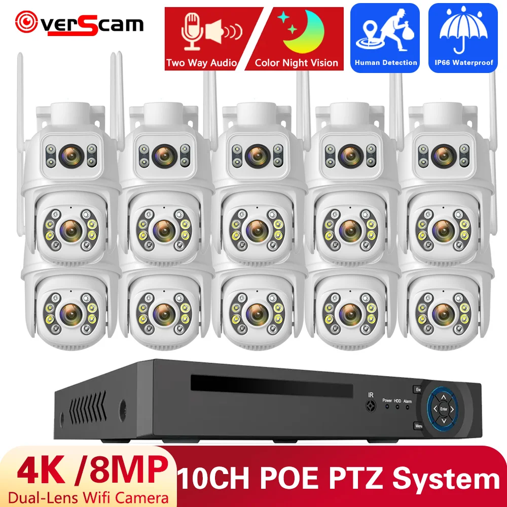 

8MP 4K PTZ IP Camera Dual-Lens Human Detect CCTV Security Camera Night Vision Outdoor Wifi Surveillance 10CH NVR Camera Kits