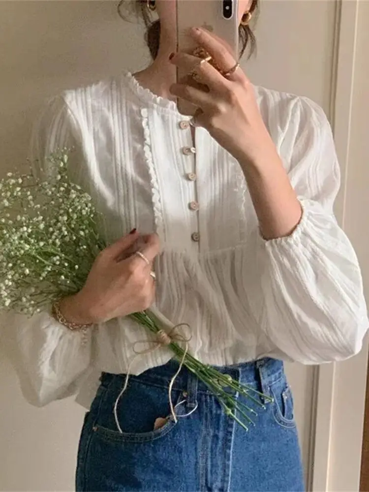 Preppy Style Casual Japanese Korea Design Office Lady Button Elegant Formal White Basic Shirts Blouse Women\'s Ruffles Cute Tops