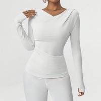 Mia Muse Women's 2025 Autumn Fashion Solid Color Long Sleeve V-Neck Nipped Waists Skinny Fit Daily Basic T-Shirts