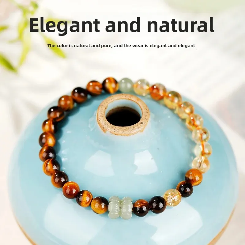 Natural Yellow Tower Crystal Bracelet Women's Hetian Jade Double lotus Niche Gift Girlfriend Jewelry Yellow Tiger Eye HandString