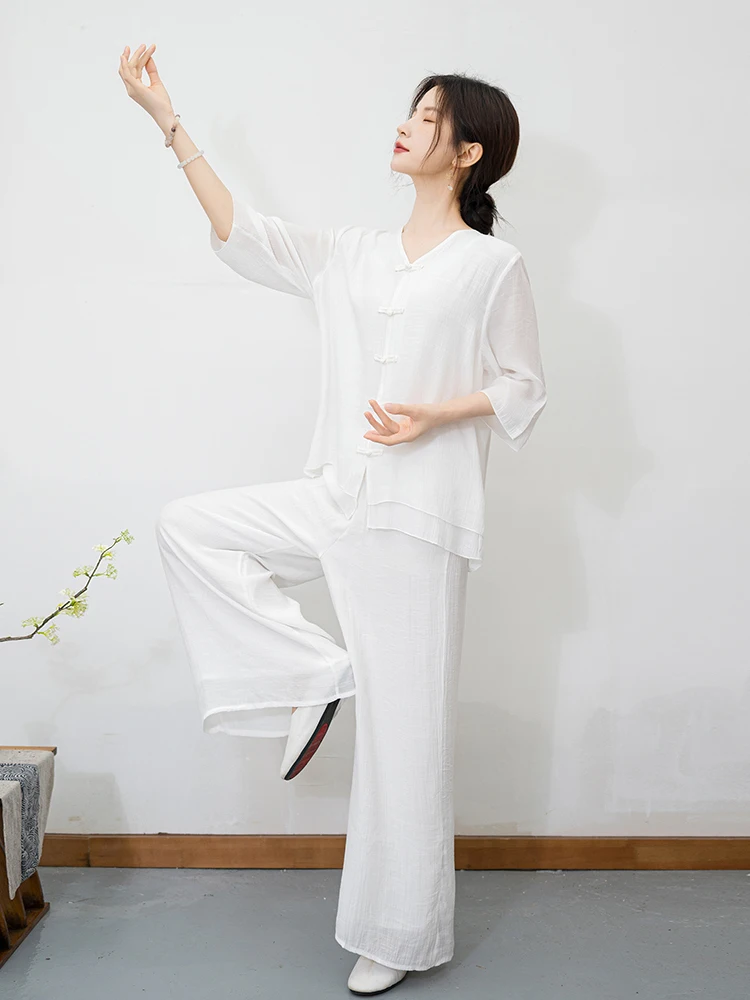 Autumn Summer New Cotton Linen Tai Chi orm Women's Chinese Sle Retro Artistic Tea Clothing Yoga Set Loose Meditation