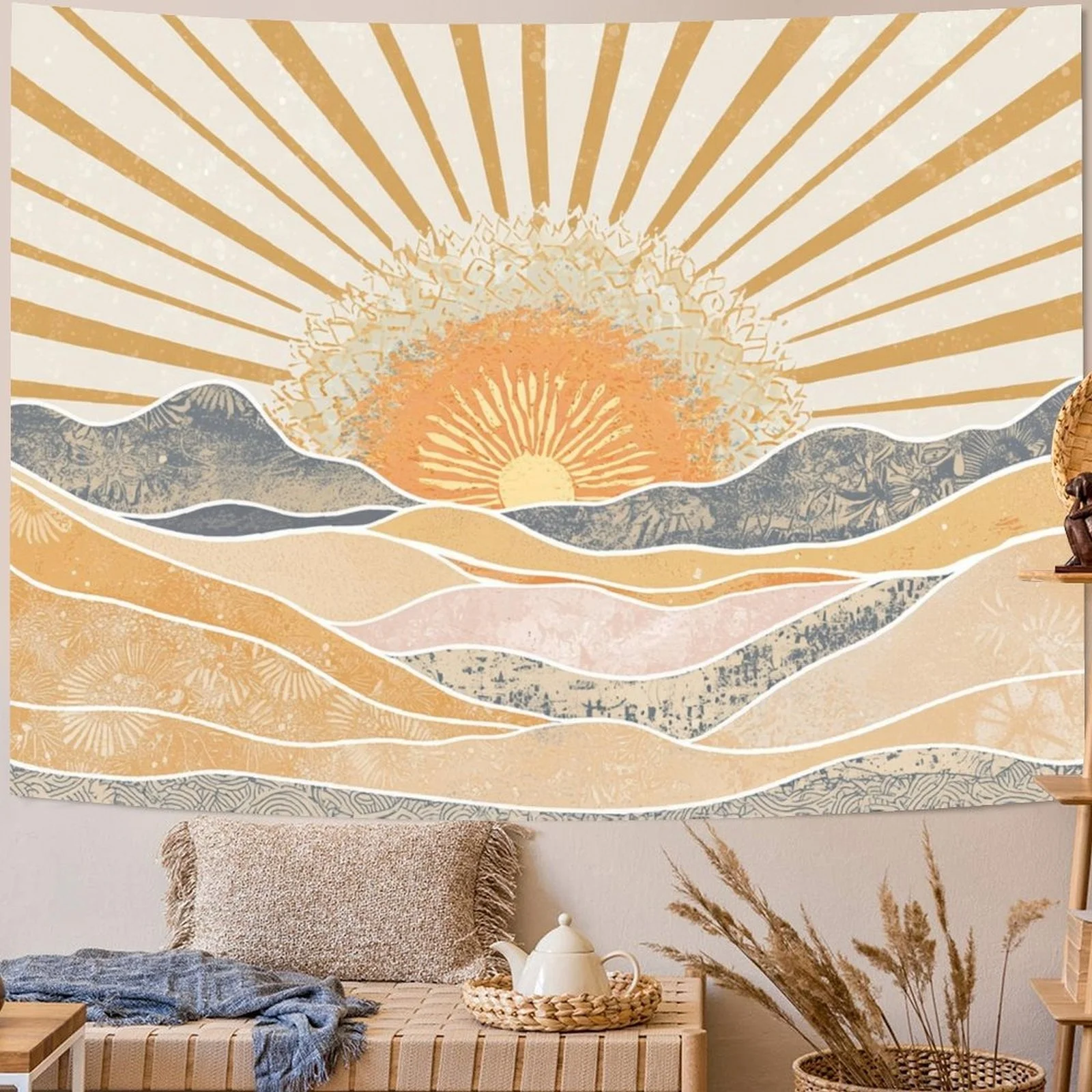 Boho Sun Tapestry Wall Hanging Retro 70S Abstract Striped Aesthetic Sunrise Vintage Tapestries For Bedroom Living Room