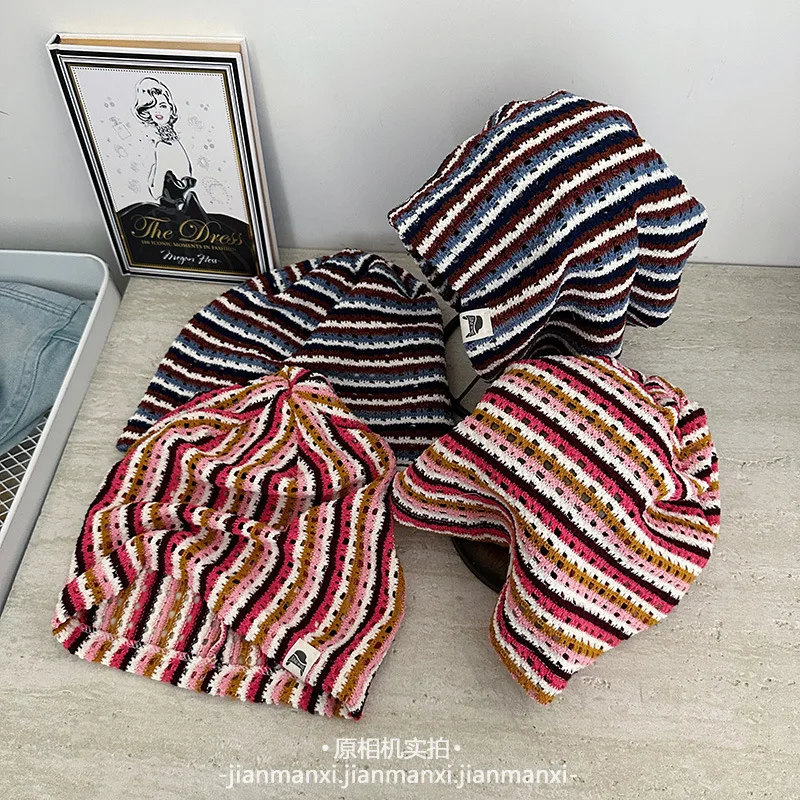 

Korean Stripe Color Pile Pile Hat Autumn New Warm Ear Protection All Knitted Wool Baotou Hat