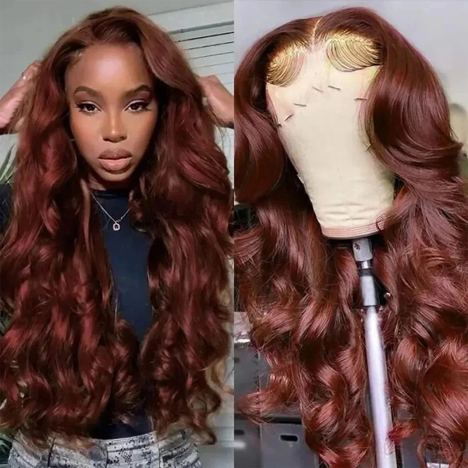 200Density Reddish Brown Body Wave Lace Front Human Hair Wig Brazilian 30 32 Inch Transparent 13x4  Lace Frontal Wigs For Women