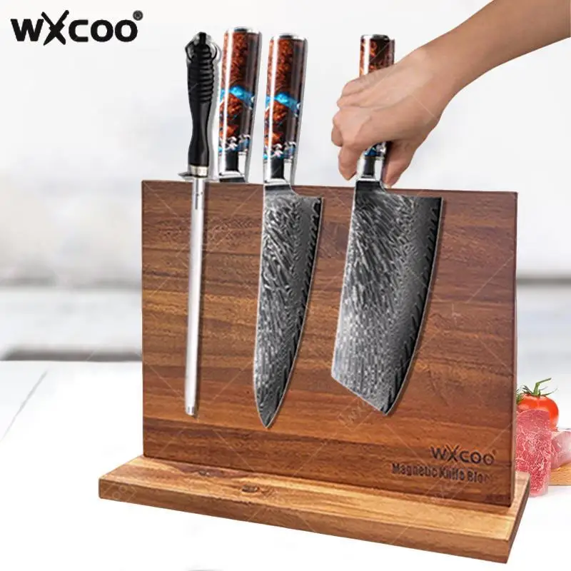 

WXCOO Многофункциональный магнитный держатель для ножей Блок кухонных ножей Деревянное хранилище из акации Улучшенное прочное с домашними магнитными подставками