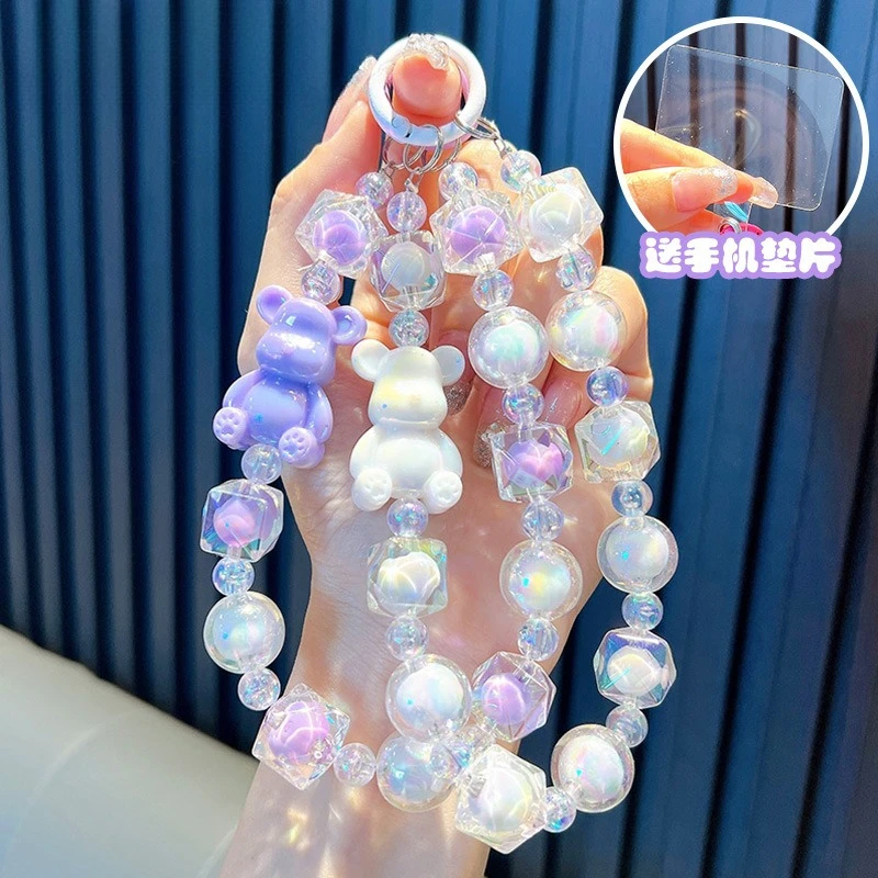 

Luxury Colorful Acrylic KeyChain Hairball Trendy Bear Beads W/Card Phone Chain Charms Bag Decor Pendant Hanging Ornament Gift