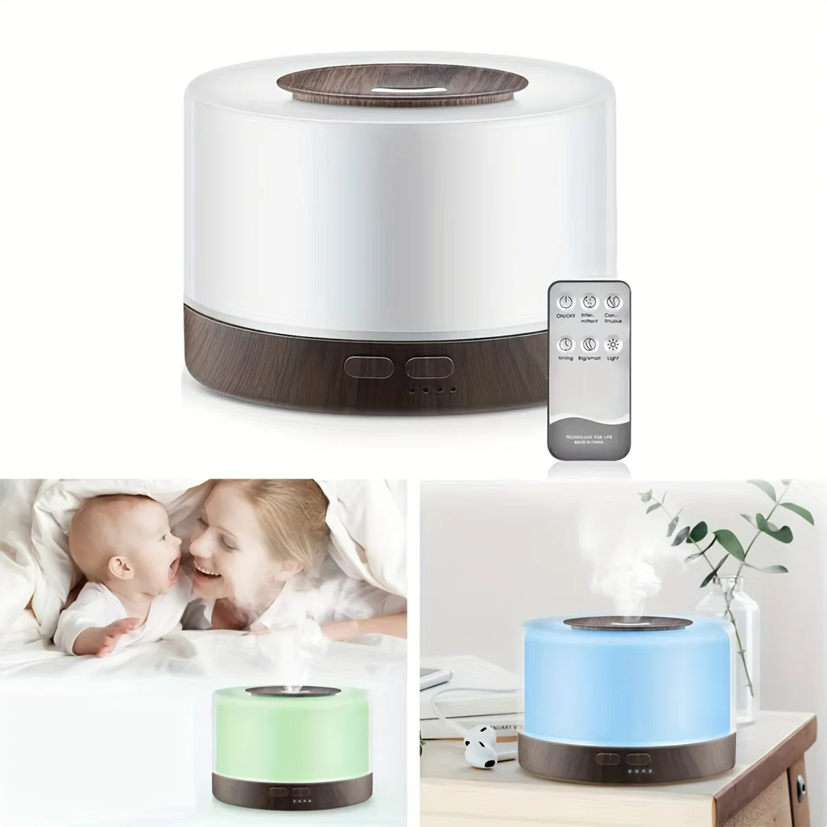 Stylish Wood Grain Diffuser Set - 500ml Cool Mist Humidifier with Remote, 7 LED Colors & 6 Essential Oils for Home/Office