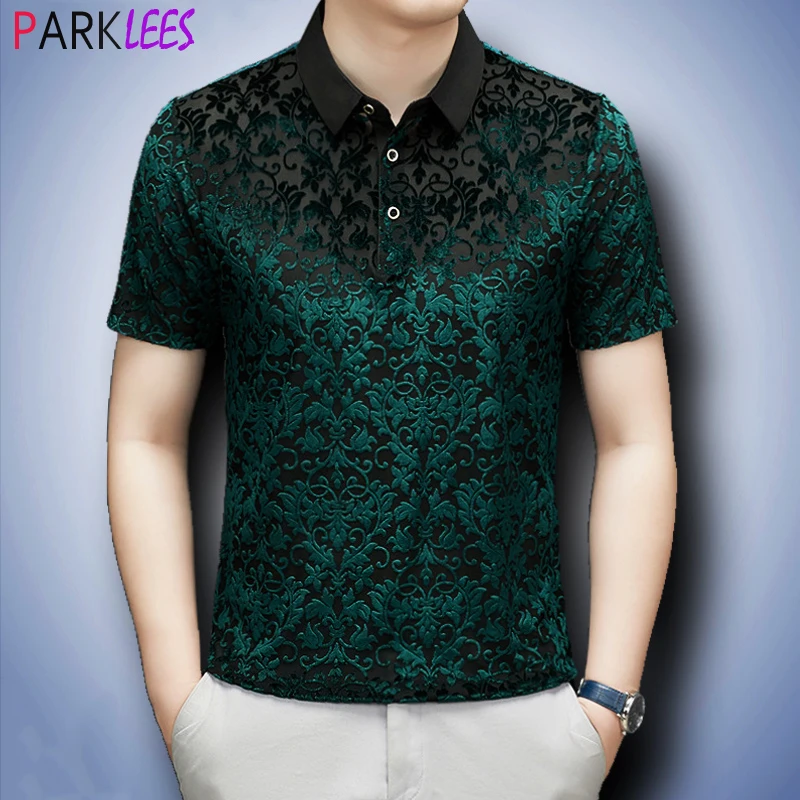 Luxury Green Floral Embroidery Sheer Mesh Polo Tshirt Men Short Sleeve Sexy Transparent Polos Mens Social Party Club Shirt 4XL