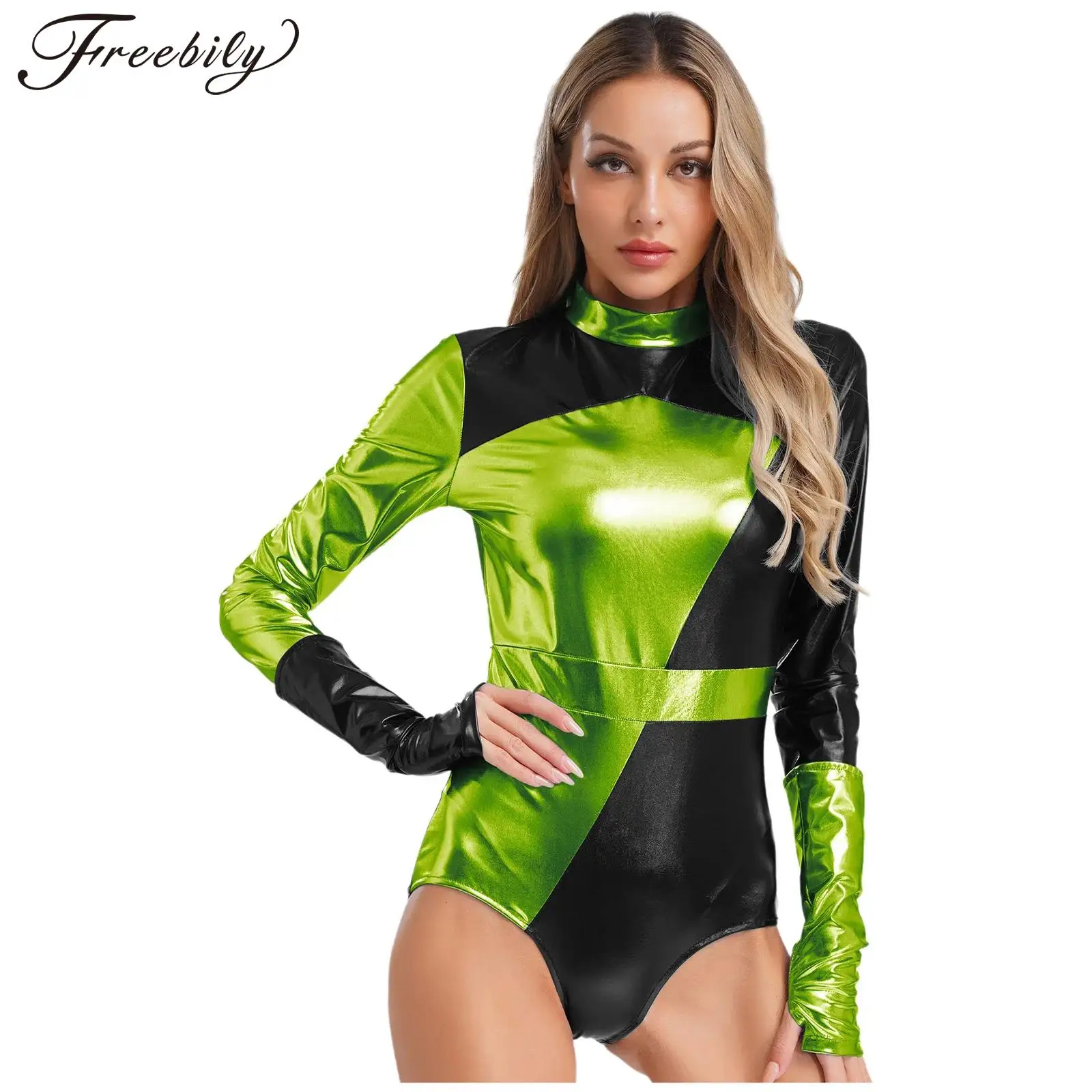 

Women Shiny Metallic Pole Dancing Bodysuit Long Sleeve Fashion Stand Collar Leotard with Gloves for Nightclub Rave Party Bar