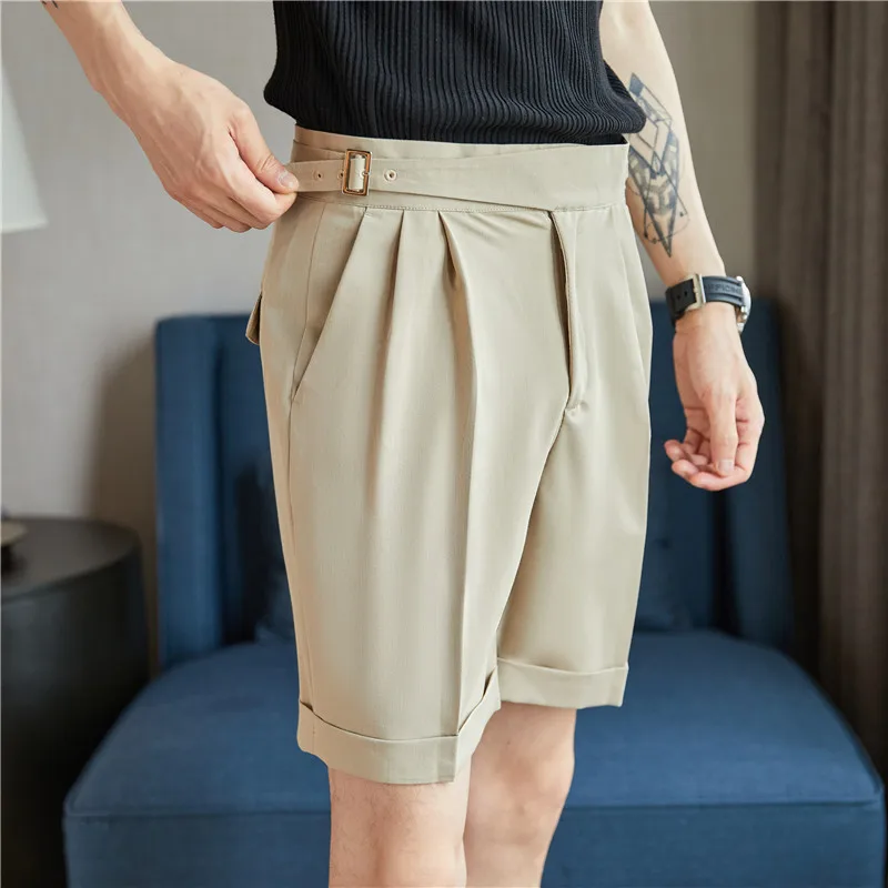 British Style Summer Naples Straight Suit Shorts Men 2022 New Slim Fit Business Formal Knee Length Short Pants Hommes Streetwear