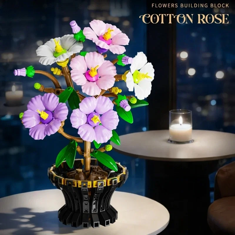 Creative Hibiscus Plum Blossom Bouquet Potted Building Blocks Crane Flower Home Plant Decoration Assemble Bricks Toys Gifts view 4