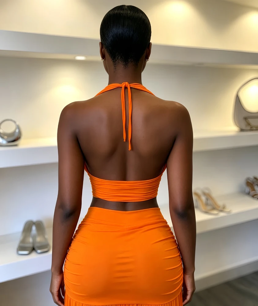JENYAGE Damen-Set mit tiefem V-Ausschnitt und Neckholder, zweiteilig, geraffter, dehnbarer, figurbetonter Maxirock mit hohem Schlitz, sexy Club-Party-Abendkleid – Detail 5