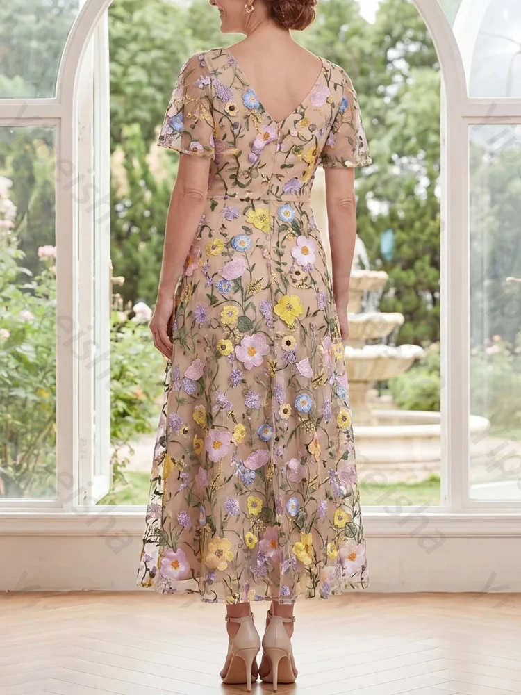 Customized Tulle A-Line V-Neck Short Sleeves Embroidered Mother of The Bride Dresses Evening Dress High Quality Prom Party Gowns