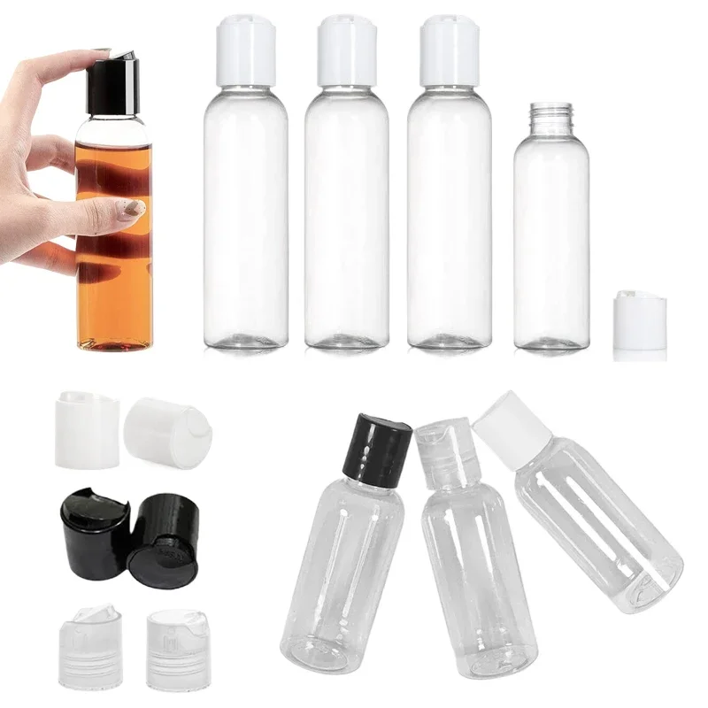 Garrafas plásticas transparentes do aperto do animal de estimação de 5 pces 30ml-100ml com tampão superior do disco recipientes vazios do curso para cremes shampoo loções líquidas