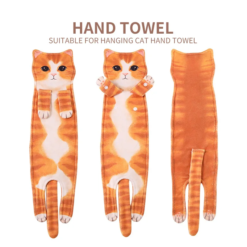 

Thickened Extra Long Microfiber Kitchen Hand Towel Cute Cat Design Hanging Washcloth Super Absorbent Drying Cloth Bathroom Sink