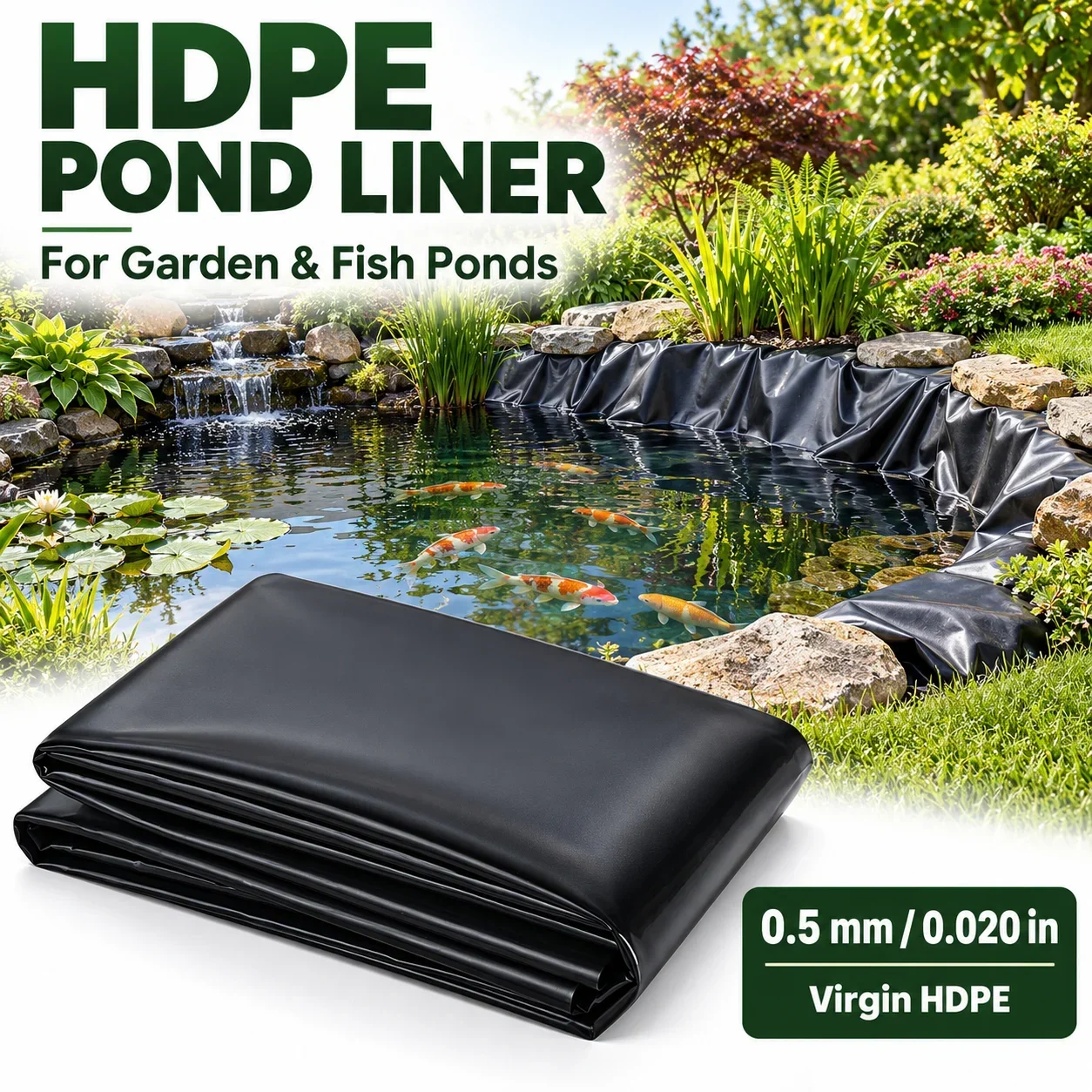 0.5mm Black HDPE Pond Liner Waterproof Membrane for Garden Fish Koi Ponds Flexible Tear Resistant Plastic Sheet Multiple Sizes