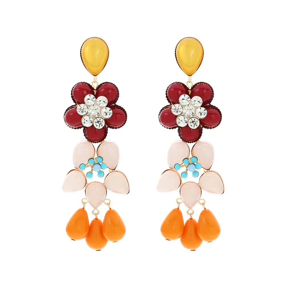 ZAA Vintage Colorful Resin Geometric Flower Drop Earrings for Women Ethnic Style Holiday Party Jewelry Accessories